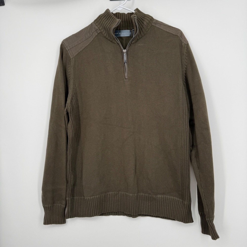 Oscar de la Renta Men Quarter Zip Knit Sweater Olive Green Size L Preppy Office